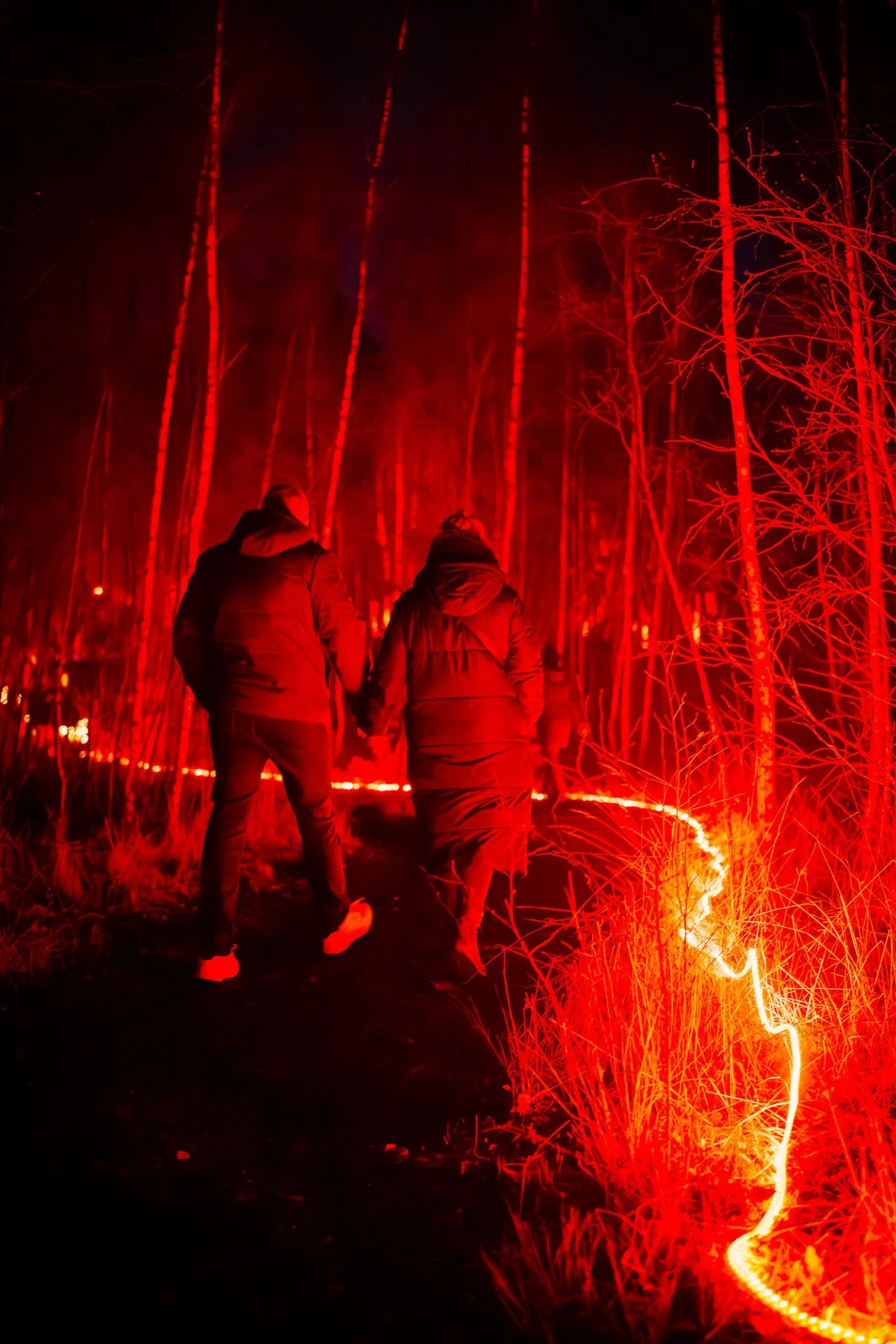 Twee mensen lopen in een bos dat verlicht is door rode lichten, mogelijk een lichtinstallatie of festival, bij nacht.