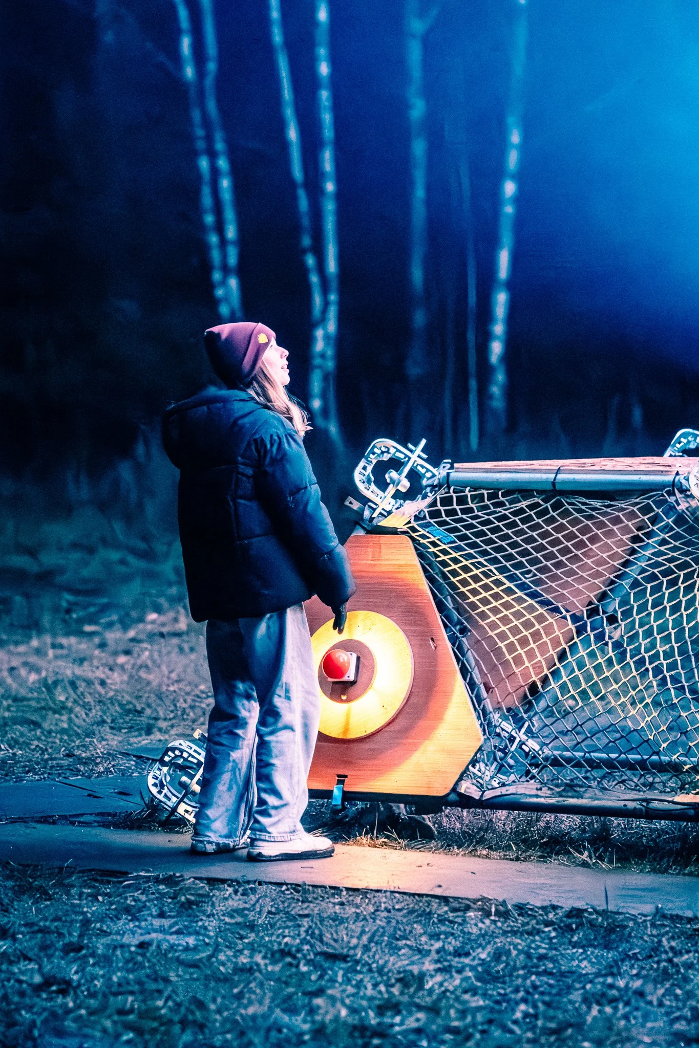 Een persoon in een donkergroene jas en een bruin mutsje staat naast een schaatsbaan met een skateboard en een bal. De achtergrond is een bos met sparren en het is 's nachts.