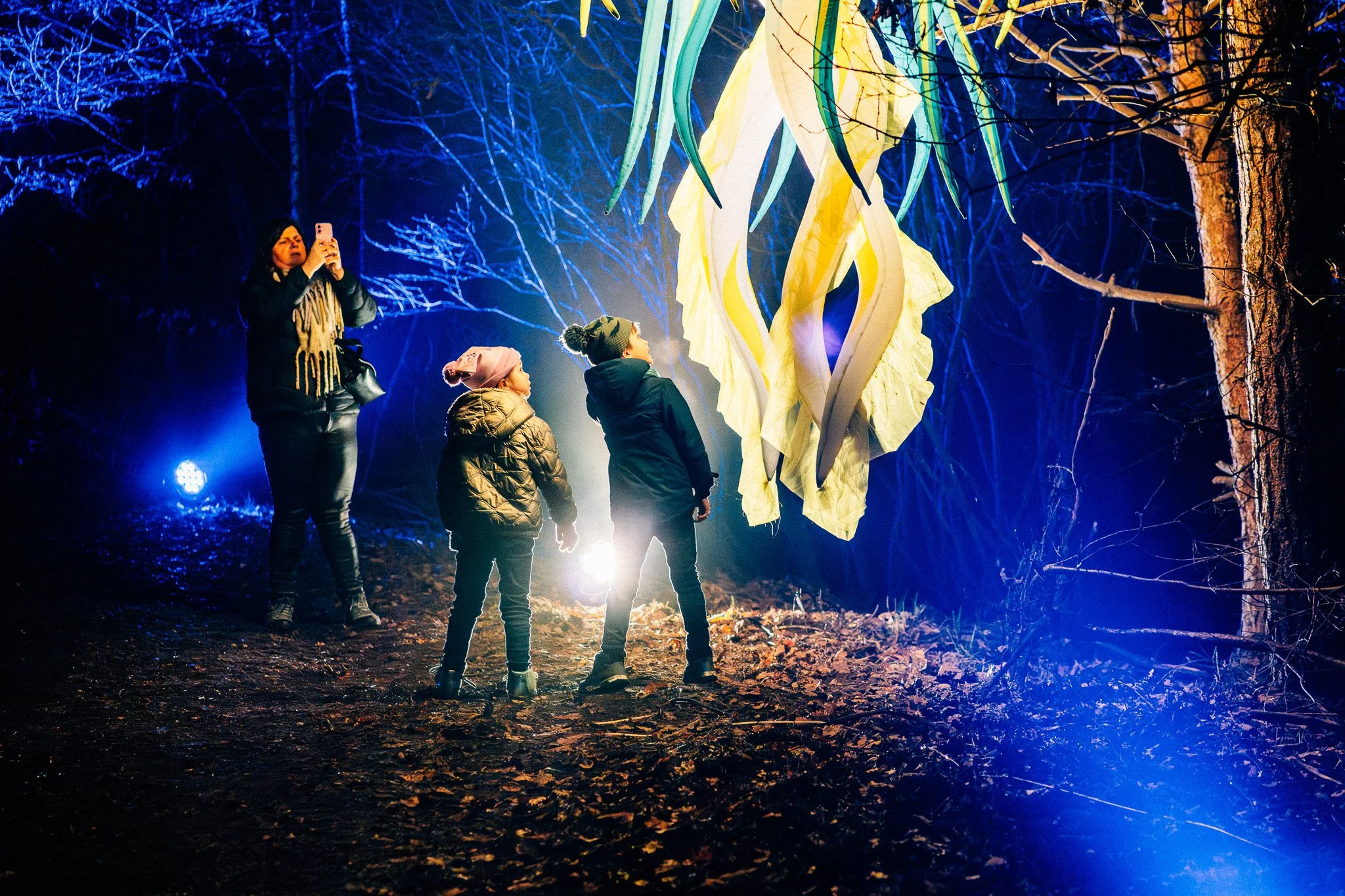Vrouw en drie kinderen bekijken een grote kunstinstallatie in een bos 's avonds, verlicht door blauwe en gele lichten.