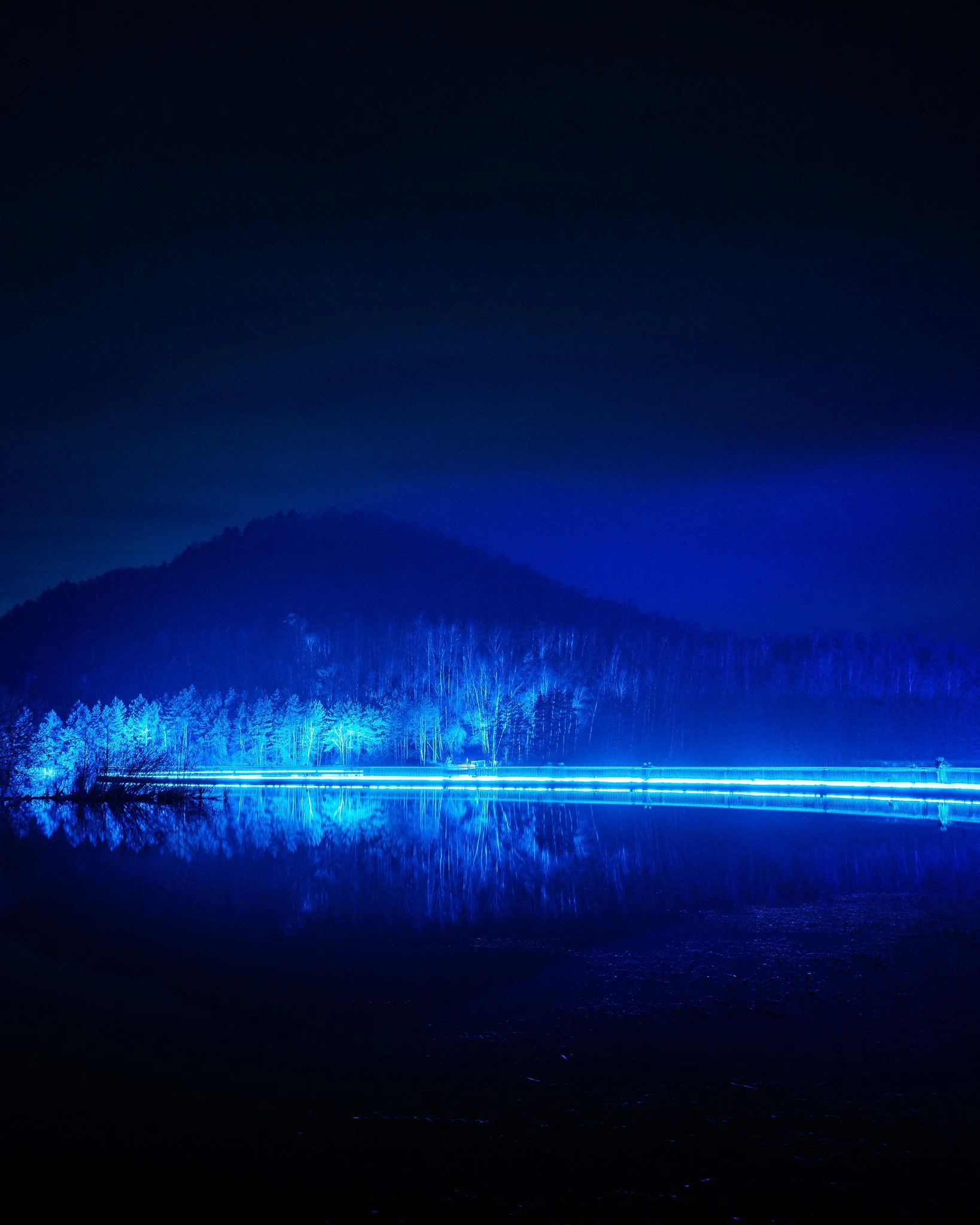 Nachtlandschap van bergen en een bos, verlicht door blauwe lichten, met een waterreflectie onderaan.
