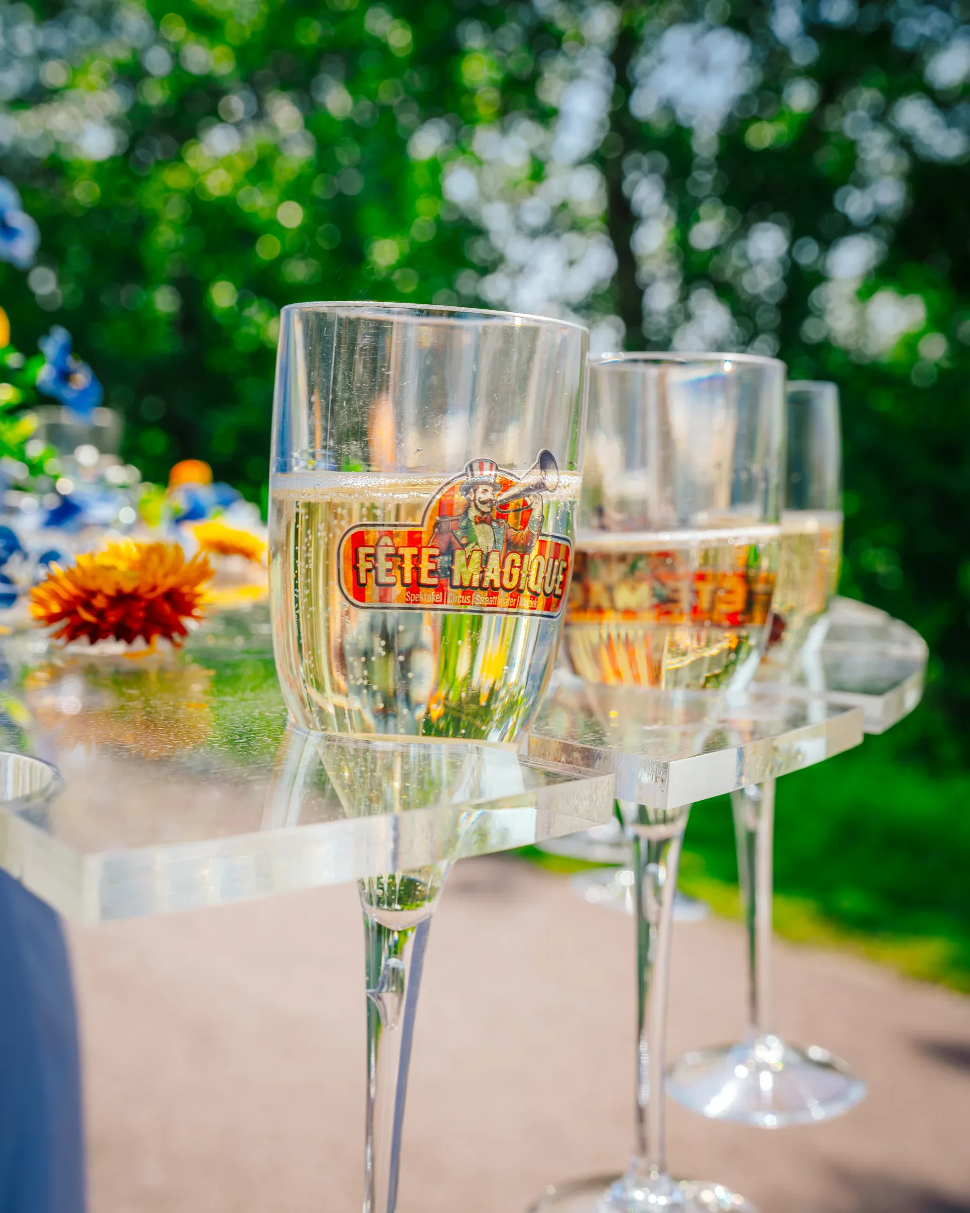 Drie heldere glazen gevuld met bier staan op een tafel, met een kleurrijke achtergrond van groene bladeren en bloemen.
