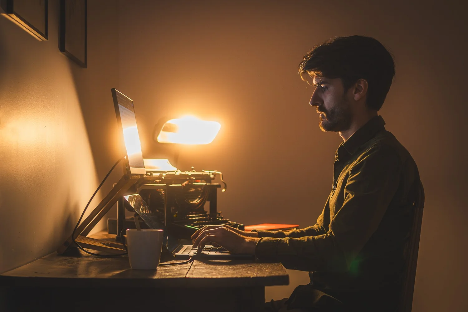 Warme avondwerkplek met Foote-monitor en laptop in gebruik
