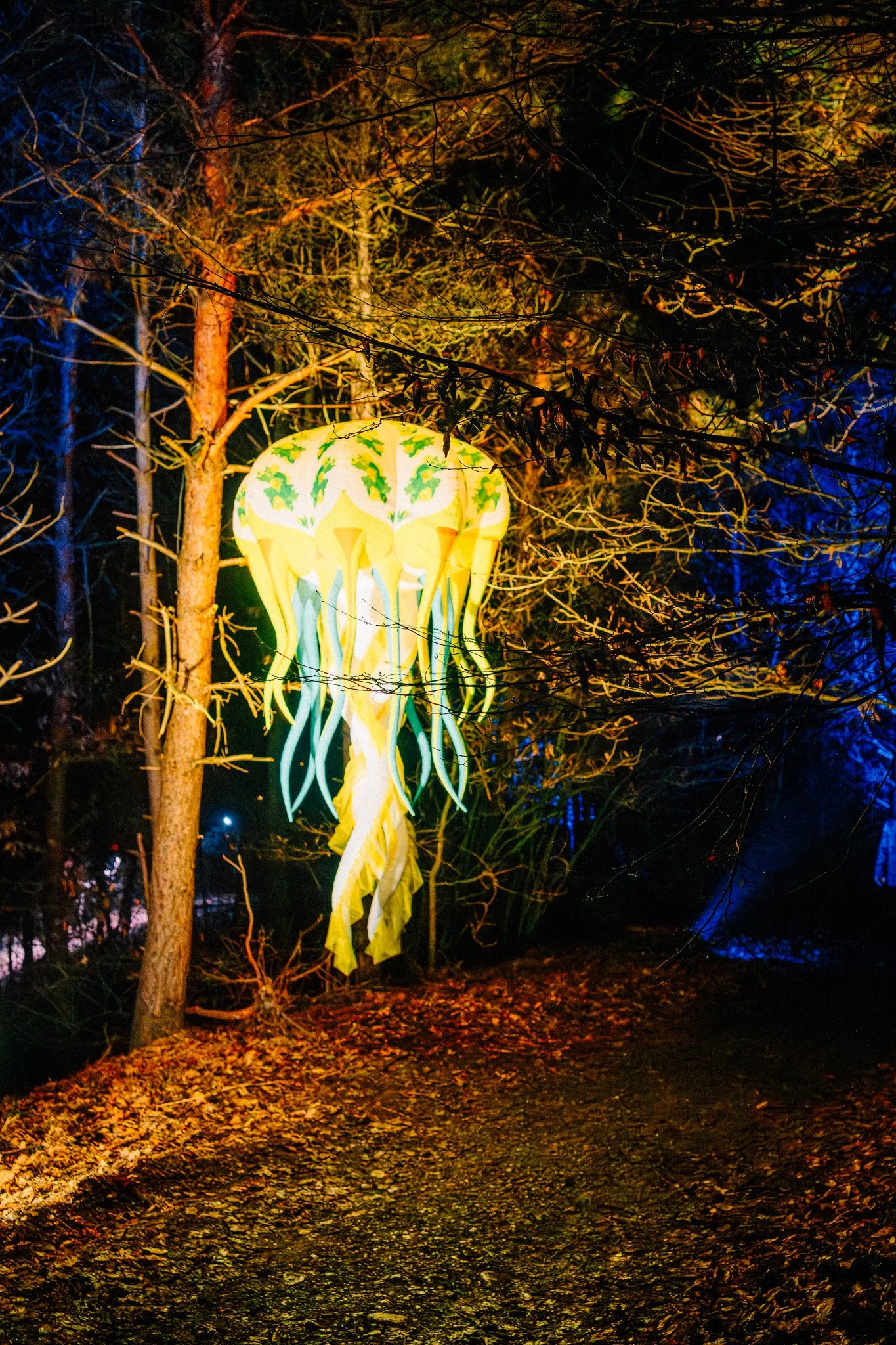 Een kleurrijk, verlichte lampion in de vorm van een kwallenmassa hangt tussen dichte bomen met blad dat op de grond ligt.