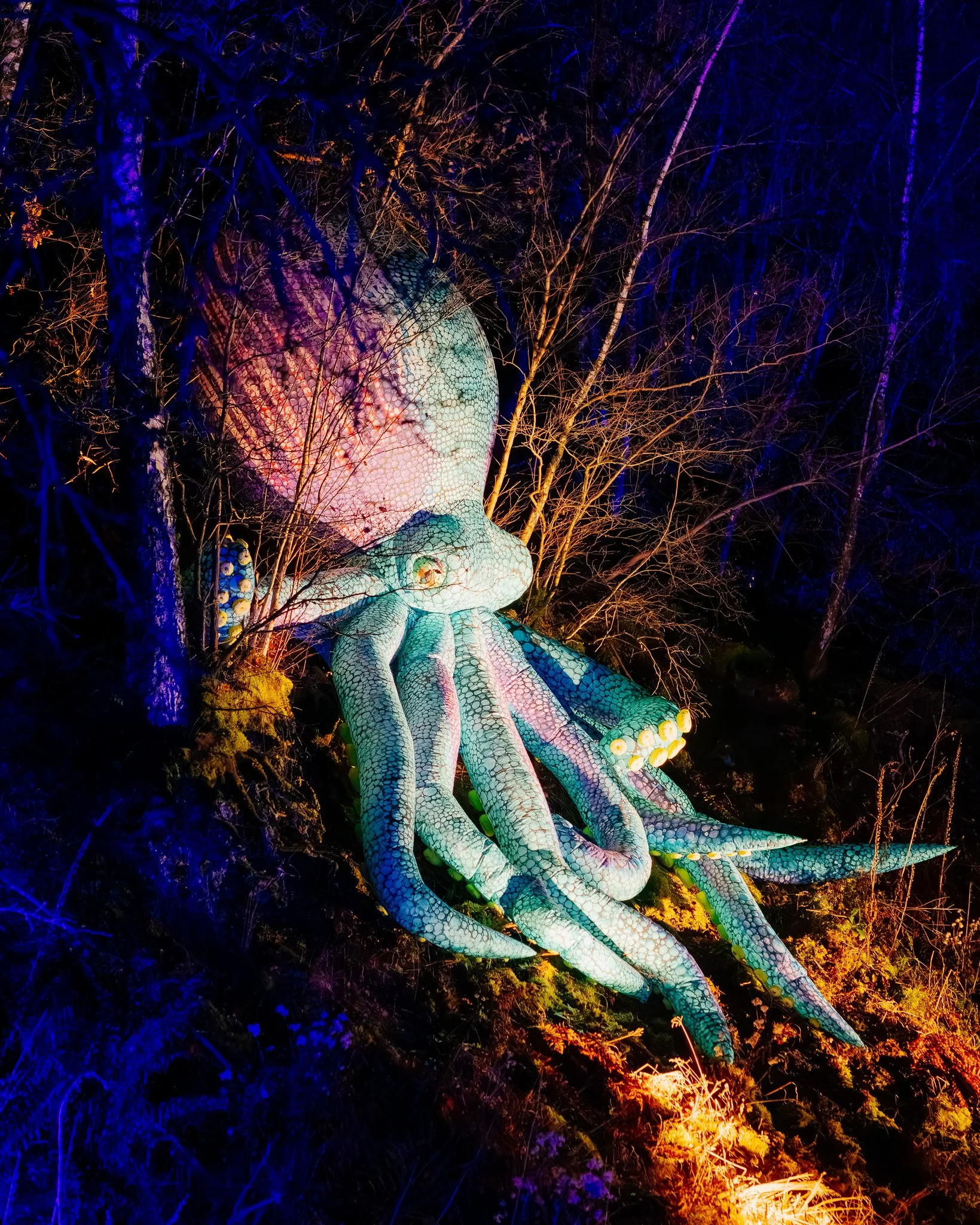 Een grote kleurrijke sculptuur van een gelaagd hagedis in een donkere, verlichte omgeving met bomen en planten.