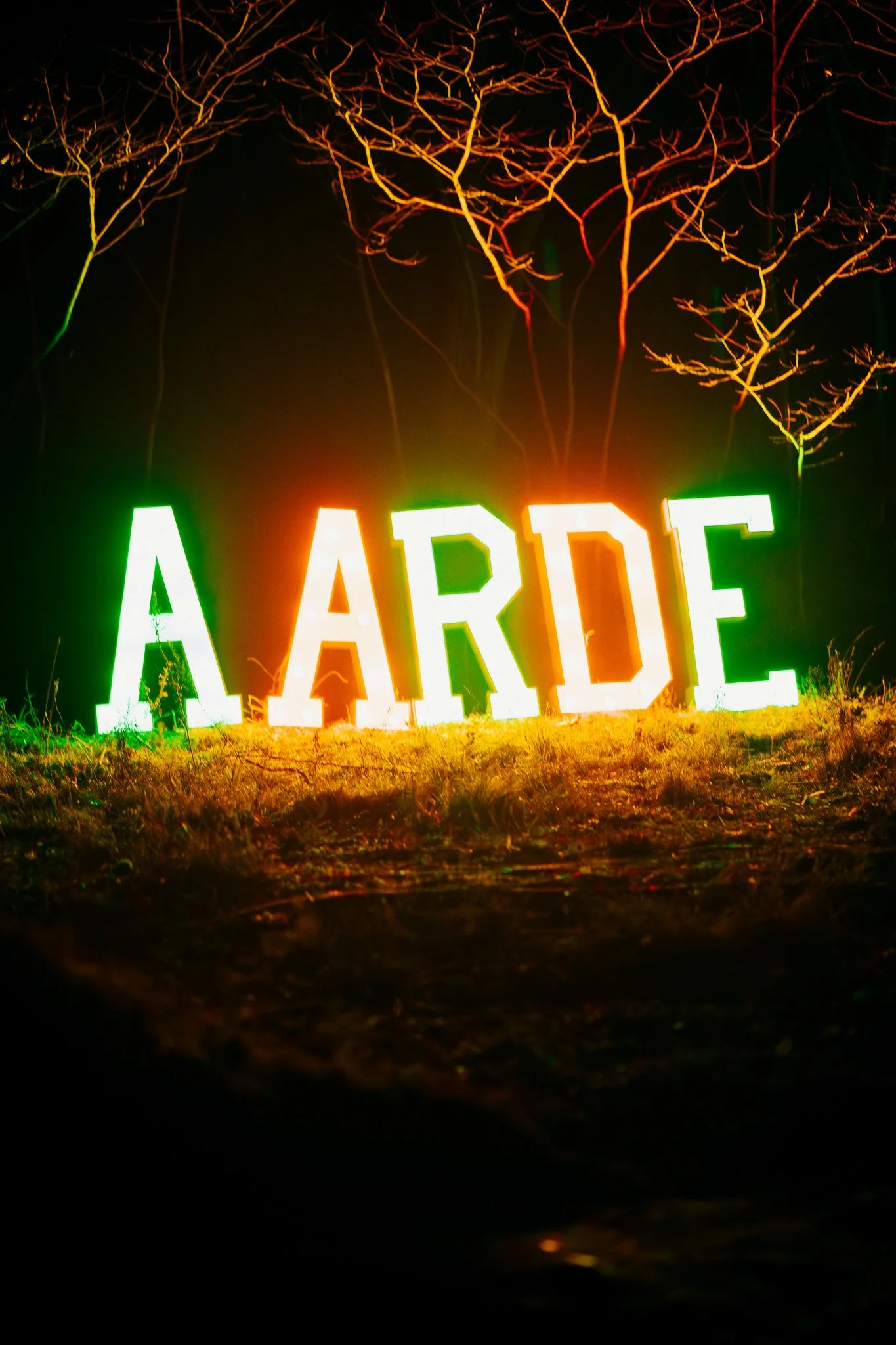 Verlichte borden met de letters 'ARDE', met een donker background en takken bovenaan.