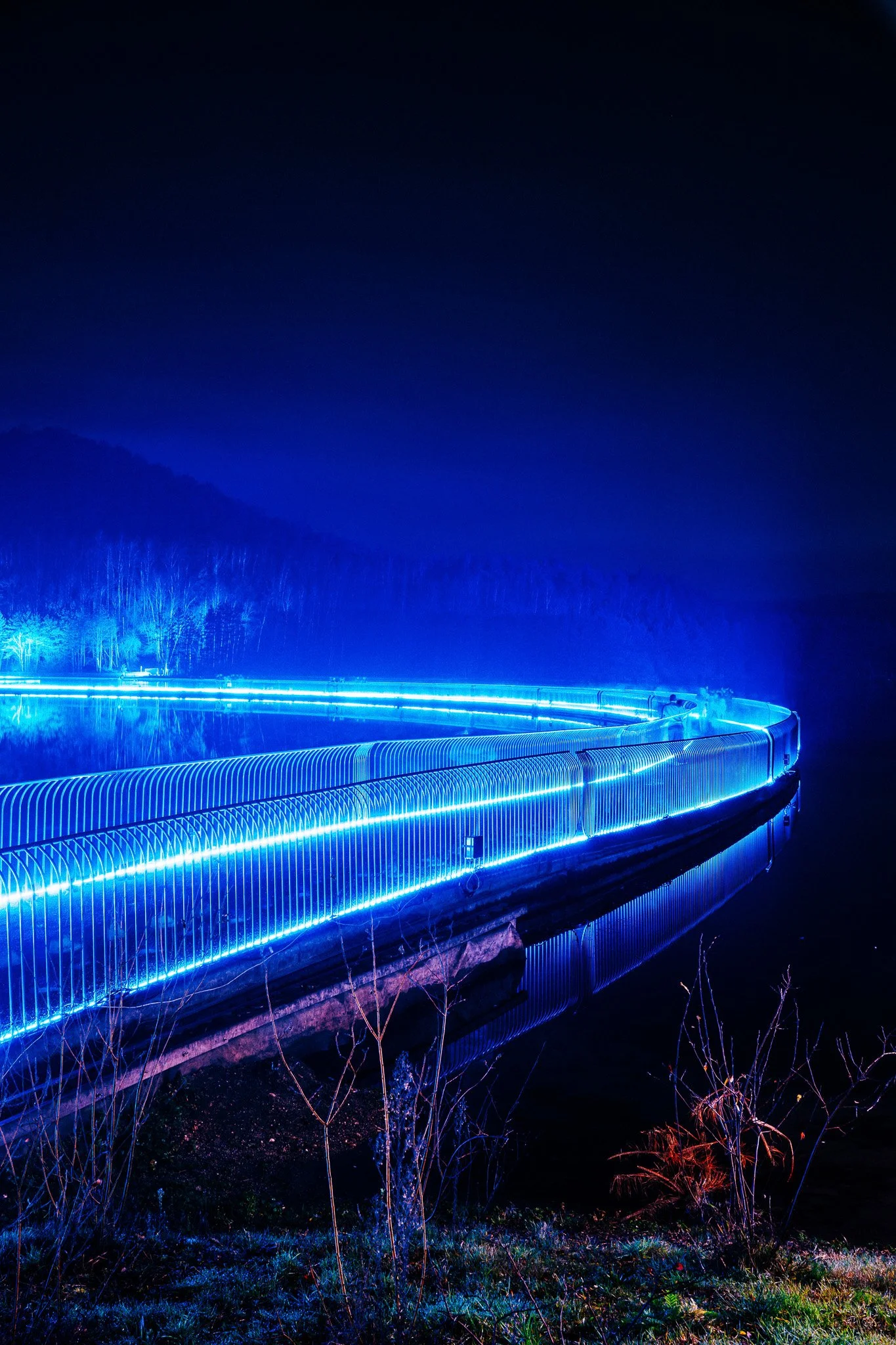 Lichtkunstinstallatie in een landelijke omgeving 's nachts met blauwe neonlichten en een waterpartij, met bos en heuvels op de achtergrond.