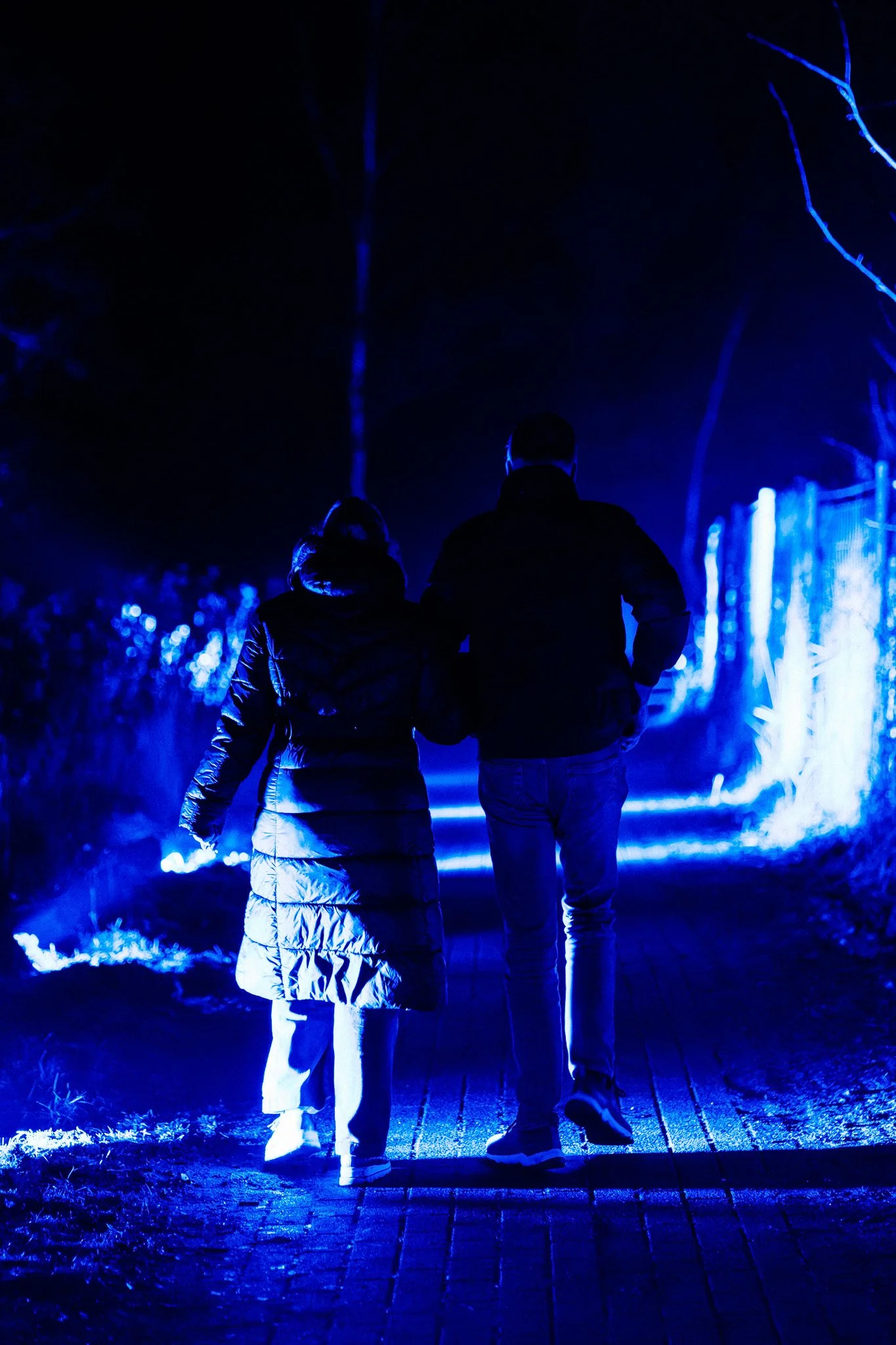 Twee mensen lopen hand in hand langs een verlichte weg in een donker bos, met blauwe verlichting en een houten brug.