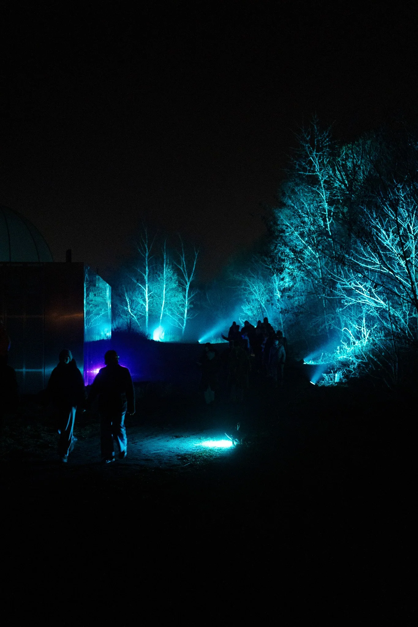 Mensen staan buiten in de nacht bij verlichte, gloeiende bomen die blauw licht uitstralen.