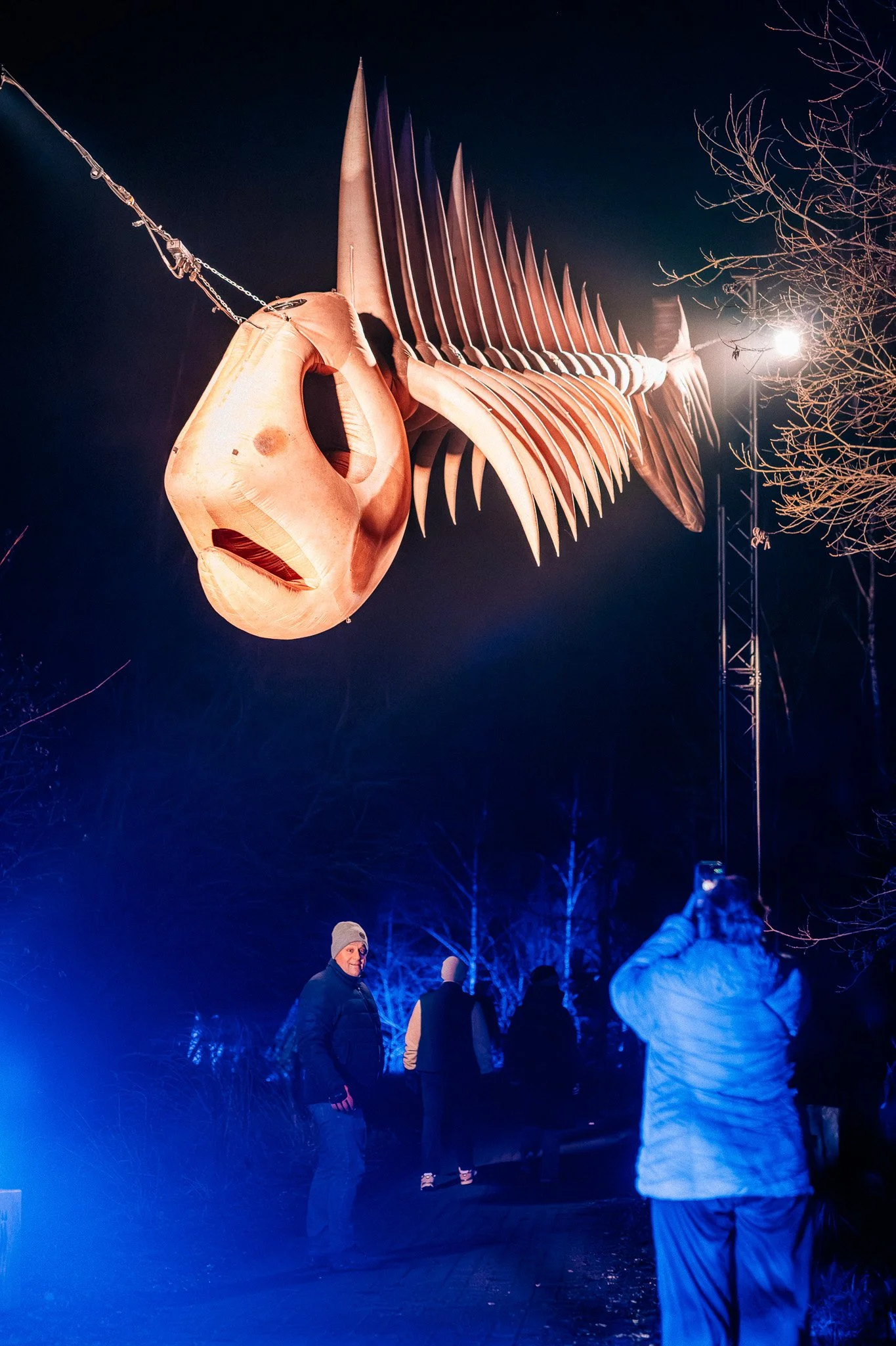 Bezoekers kijken naar een grote, verlichte vis-skelet sculptuur die wordt neergelaten uit de lucht tijdens een nachtelijke buiteneditie van een evenement, met donkere lucht en blauwe verlichting, en een paar mensen in de menigte.