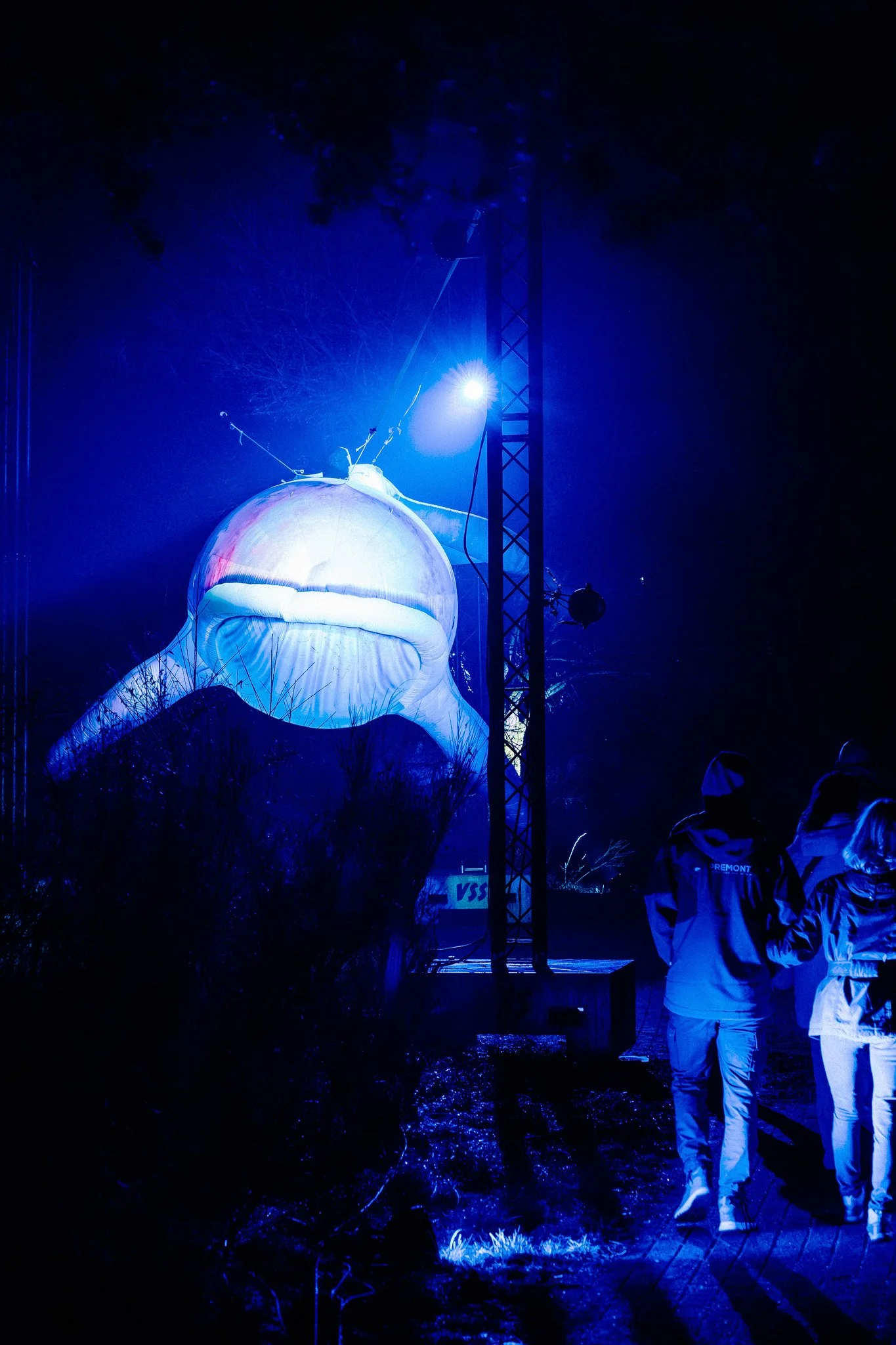 Mensen in donkere kleding onder blauwe lichten bij een evenement of nachtscène met een grote ballon en een metalen toren.