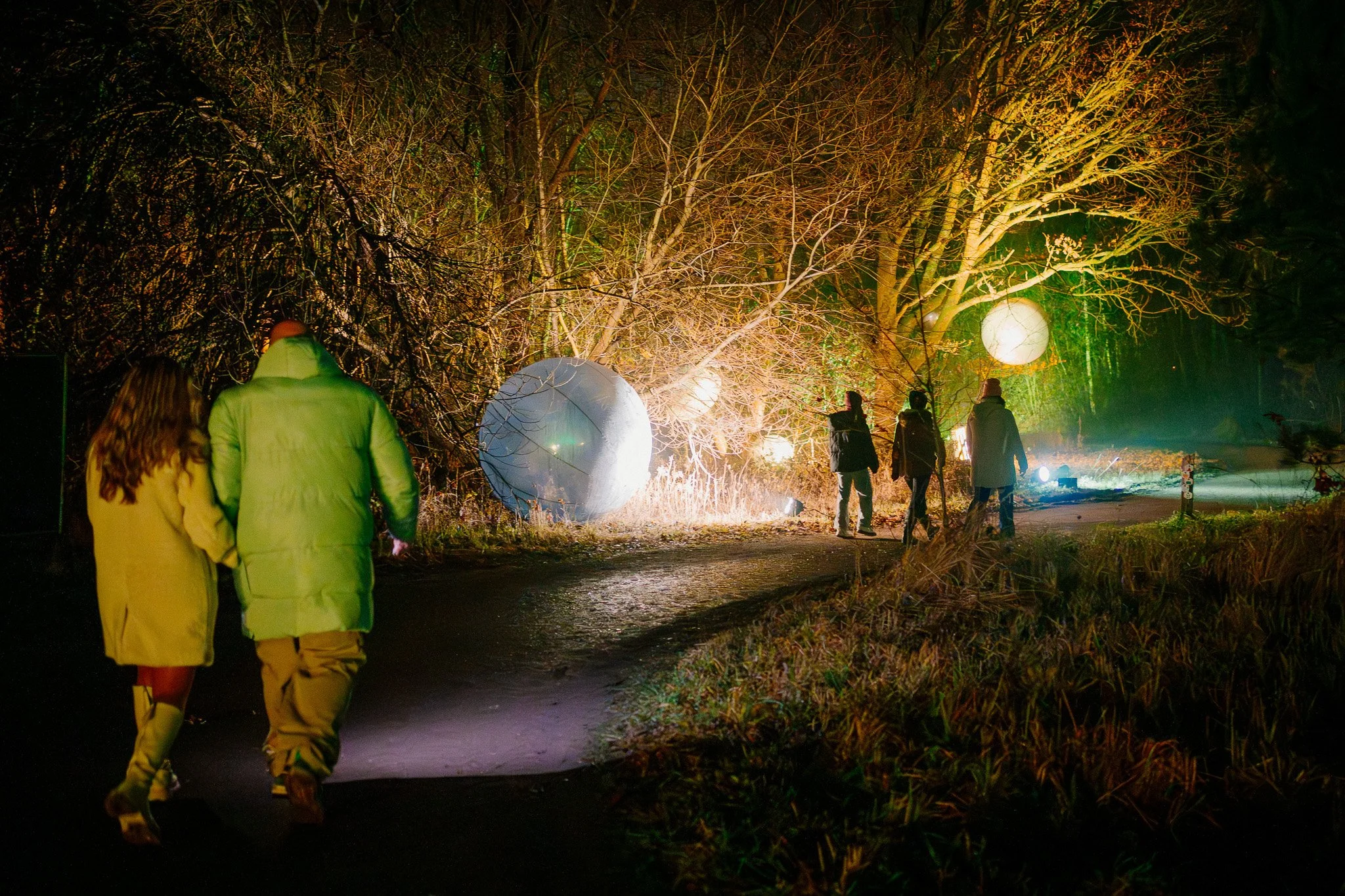 Mensen wandelen 's nachts door een bos met verlichte kunstinstallaties en grote lantaarns, terwijl bladeren en takken zichtbaar zijn tegen de donkere achtergrond.