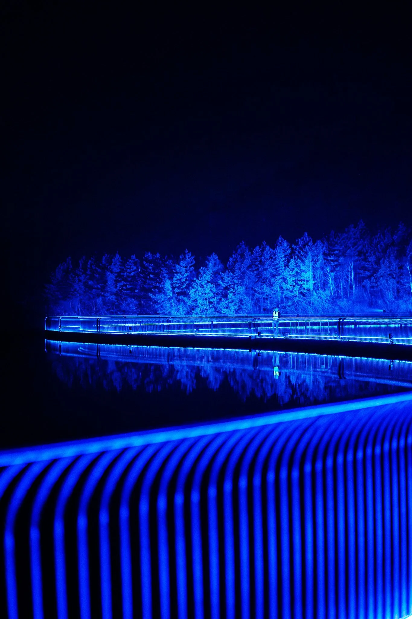Een nachtbeeld van een waterkant met een verlichte loopbrug. De brug en de bomen op de achtergrond zijn blauw verlicht, en de waterreflectie toont de blauwe lijnen. Er staat een persoon op de brug.