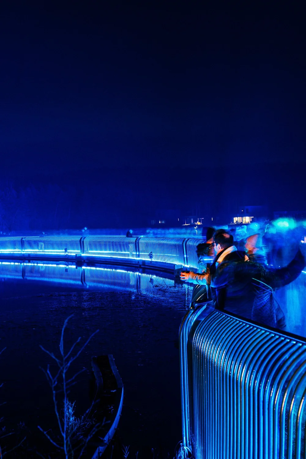 Foto 68: Watergedeelte van Luminoctis met blauwe lichtlijnen, reflecties, brugbeelden en installaties.