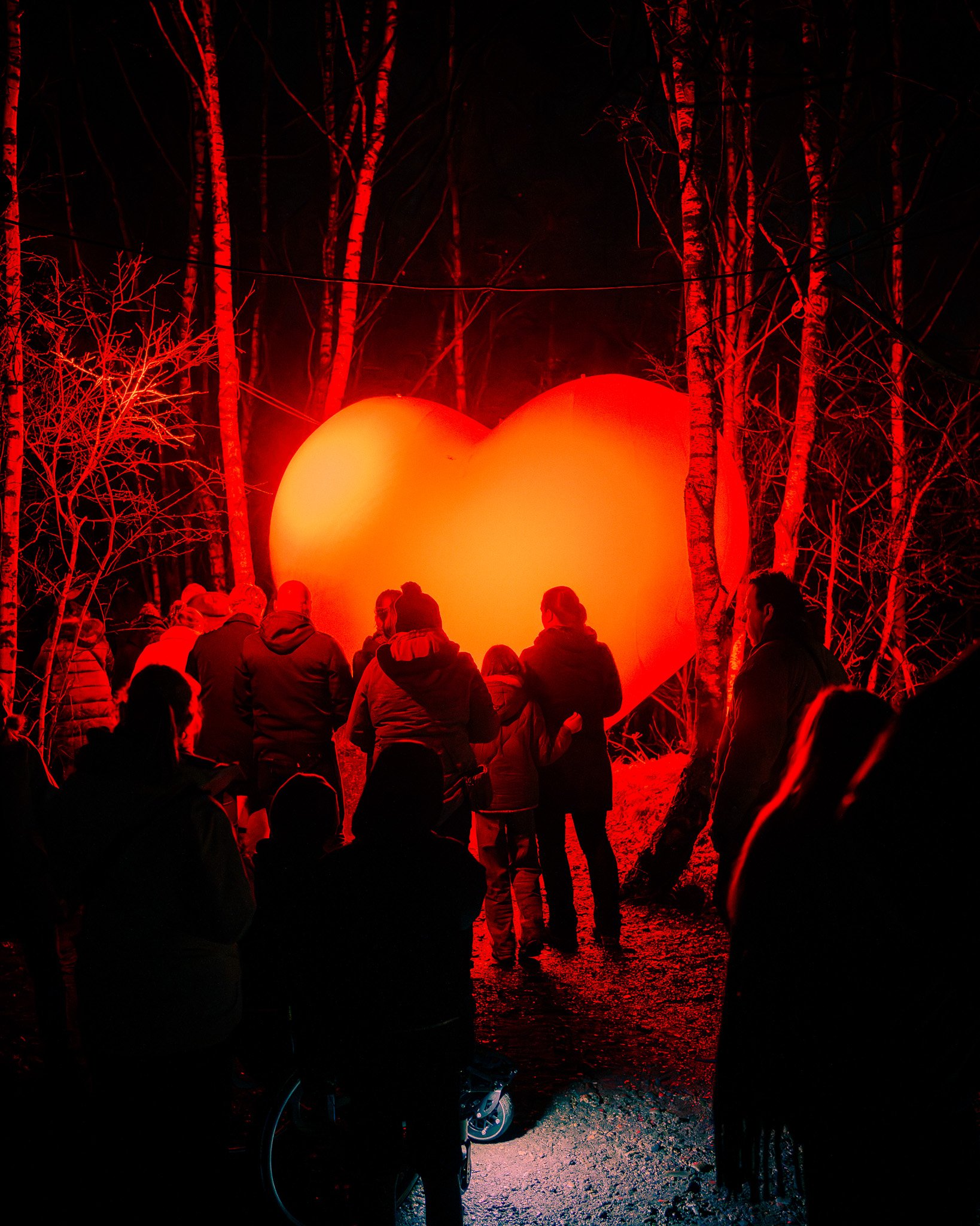 Mensen kijken naar een grote oranje ballonnen in een bos, verlicht door rood licht.