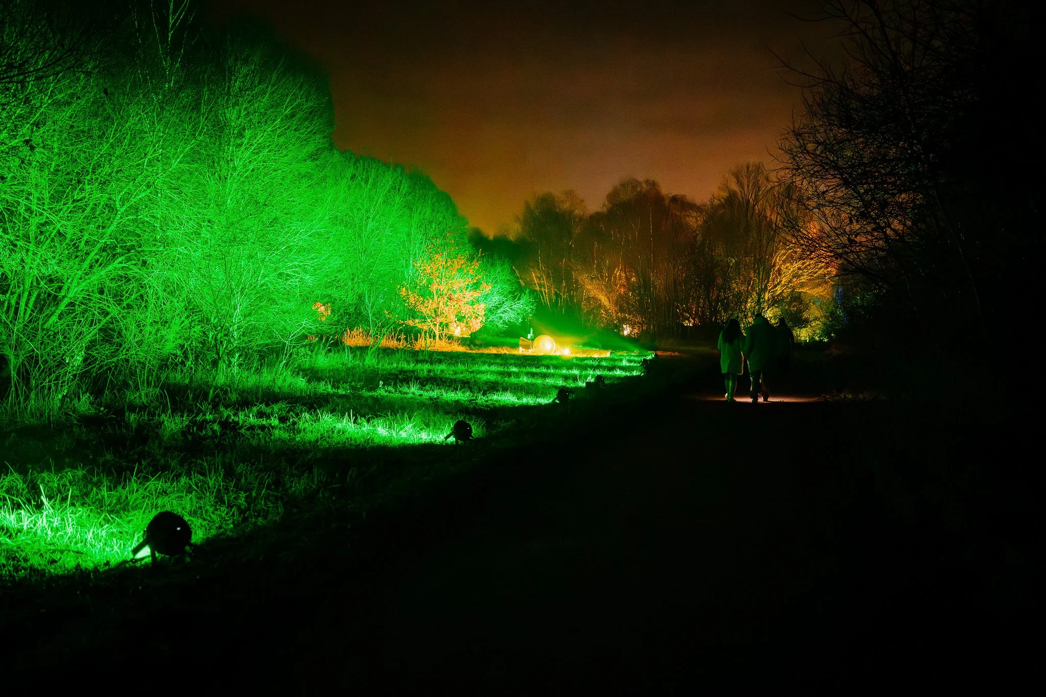 Verlichte bomen met groene en oranje lichtjes tijdens de nacht, mensen wandelen op een pad.