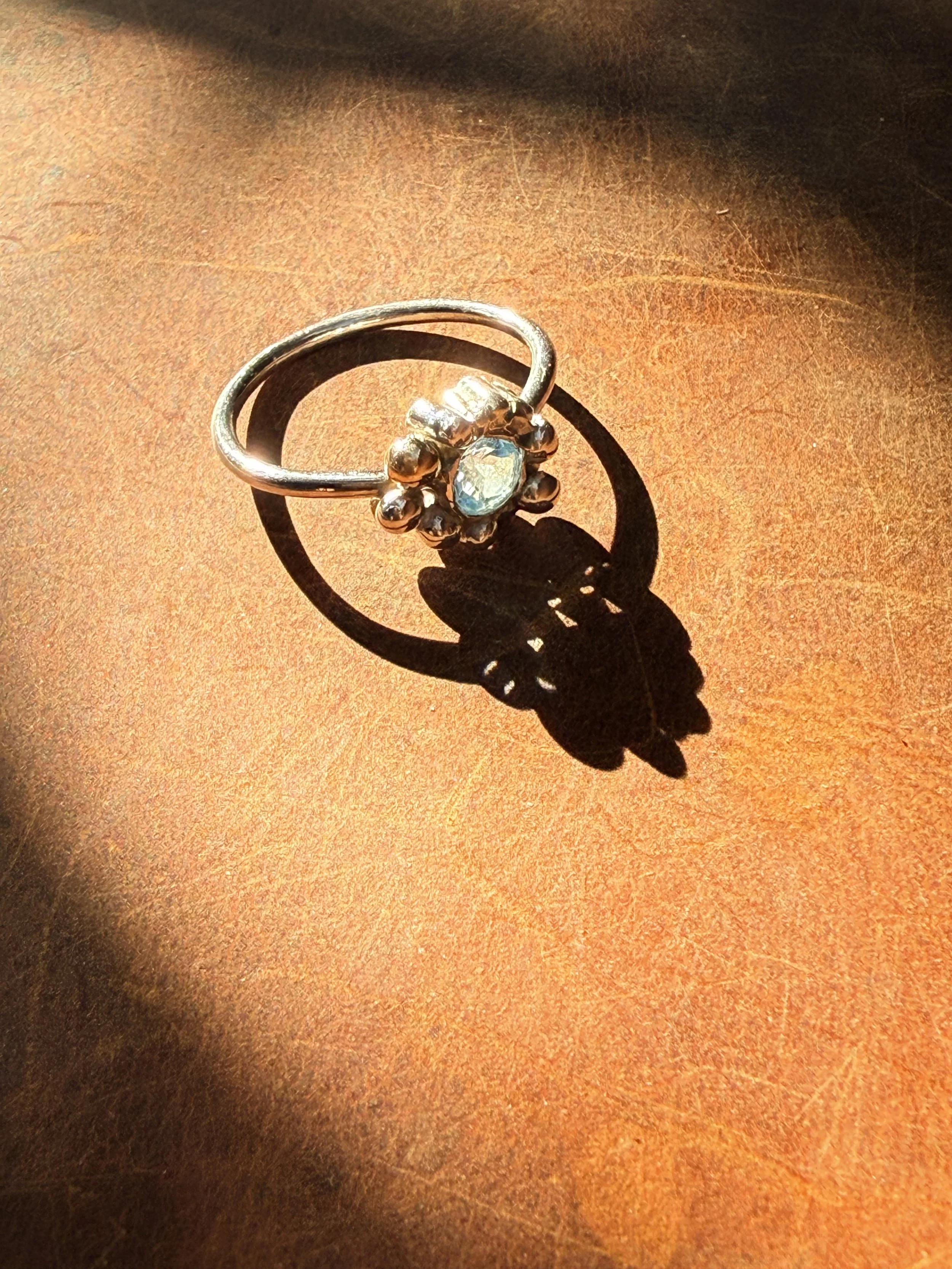 Sterling Silver ring, granulations, aquamarine stone.
