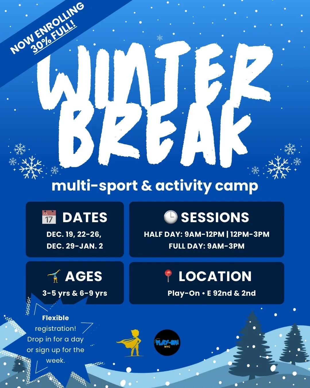 Park Heroes x @playonnyc Winter Break Camp starts tomorrow &amp; we cannot wait!!

Two weeks of:
⚽️ Soccer, baseball, football
🎨 Arts &amp; crafts, STEM options
🥳 BOUNCY HOUSE play!
&amp; much more. 

Sidekicks focus on growth through imaginative p