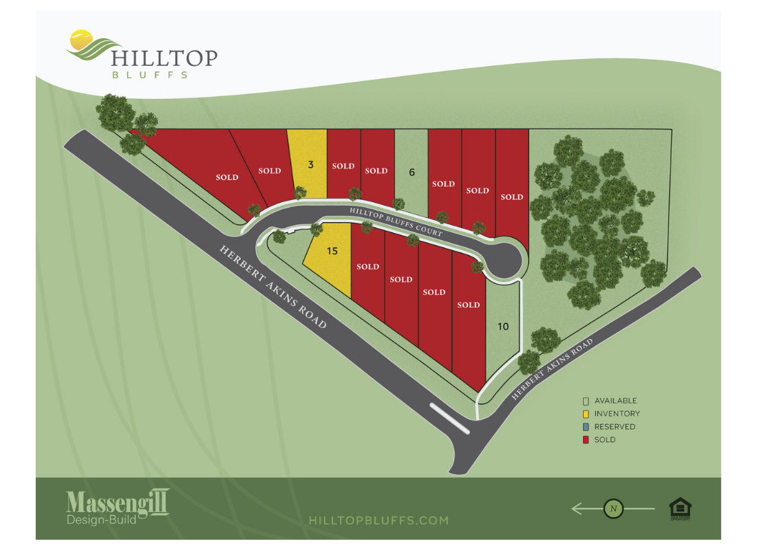 Sales Map of Hilltop Bluffs Community Showing Only Four Custom Homes for Sale in Fuquay-Varina Remaining