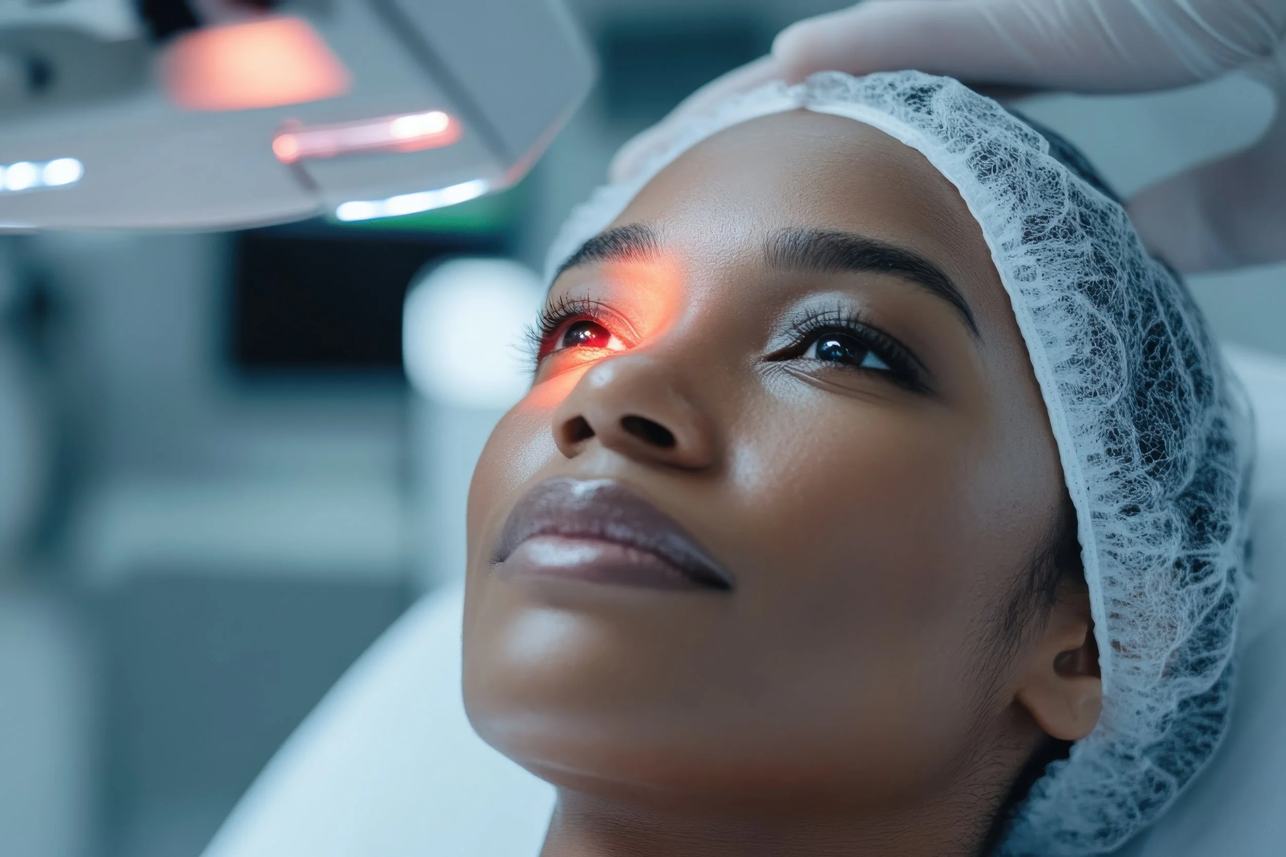 A person undergoing an eye exam with a medical device, wearing a hair cap and gloves at Forever You & Eye Lasik Clinic.