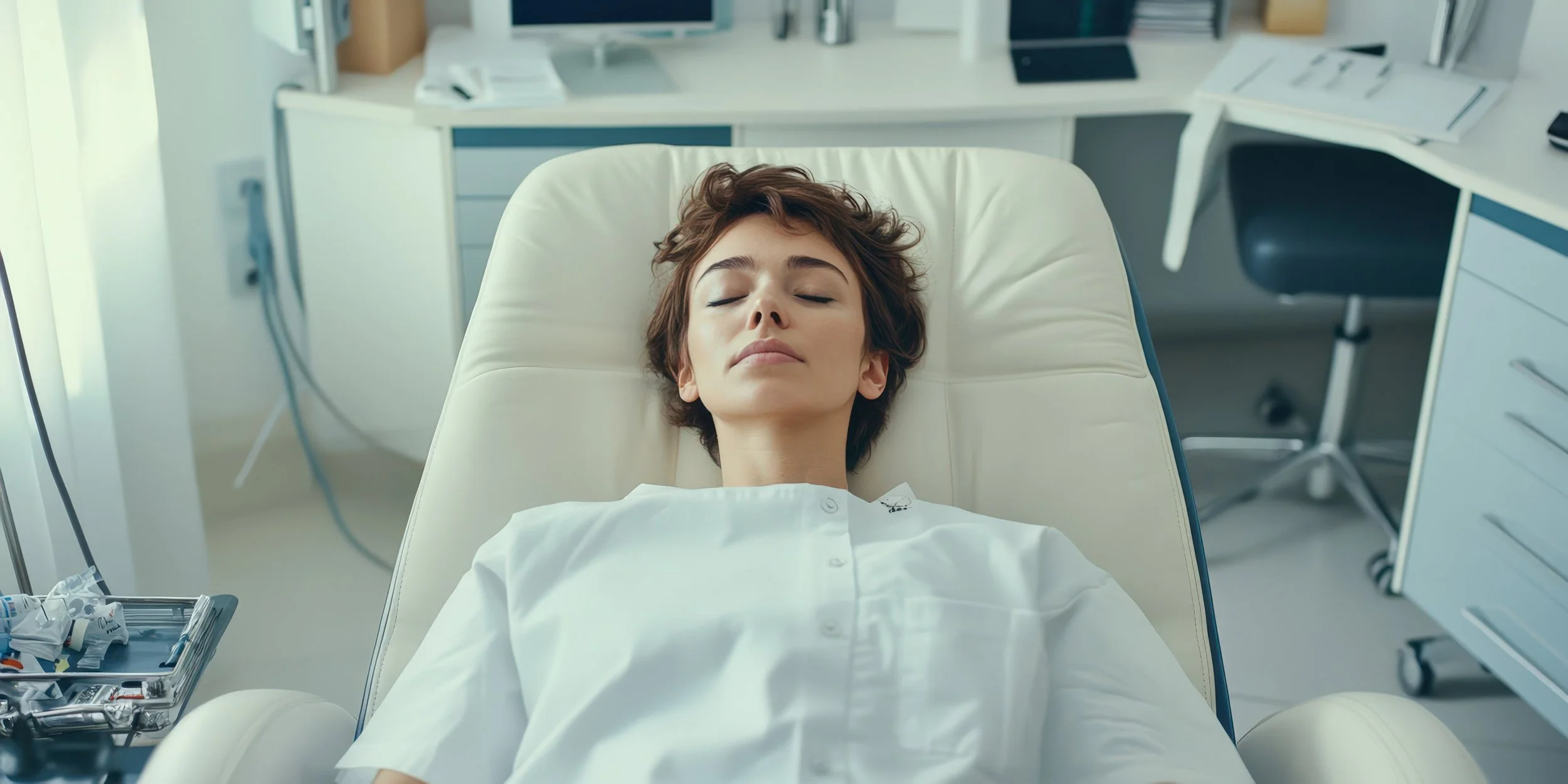 Woman lying on a reclined chair with eyes closed in a medical office setting at Forever You & Eye Lasik Clinic.