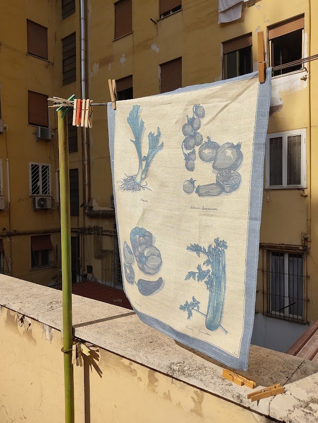 Tea towel with sky blue fruit and vegetable details on extra large, gorgeous quality linen.