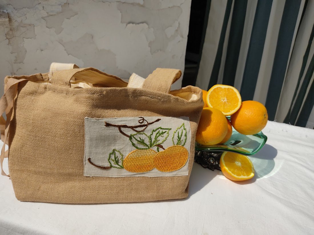 Gingham lined, Burlap Bag with Vintage Citrus Embroidery