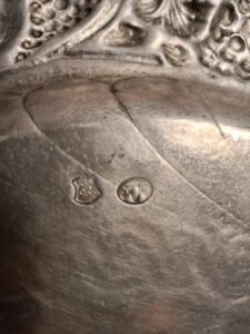 Pewter service tray featuring the Roman God of Wine, makers marks shown.