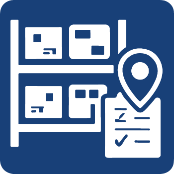 Icon of a shelf with three boxes and a location pin next to a checklist.