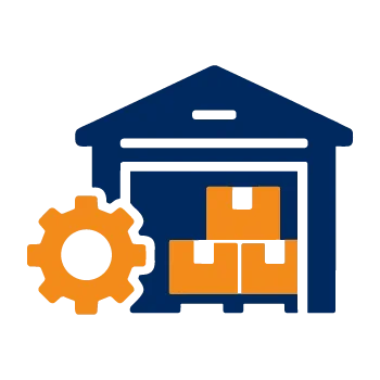 Icon of a warehouse with a gear and boxes in front.