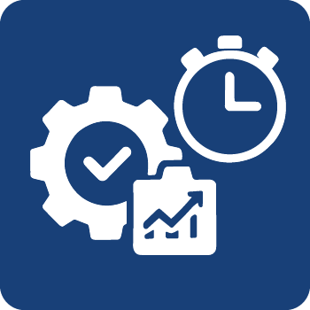 Icons of a gear with a check mark, a stopwatch, and an upward trending graph on a blue background.