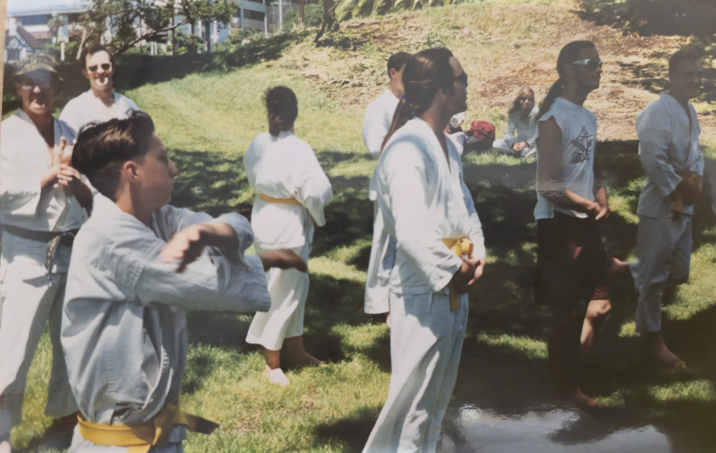 Group of people practicing martial arts outdoors, wearing traditional uniforms, on a grassy area with trees and a small water body.