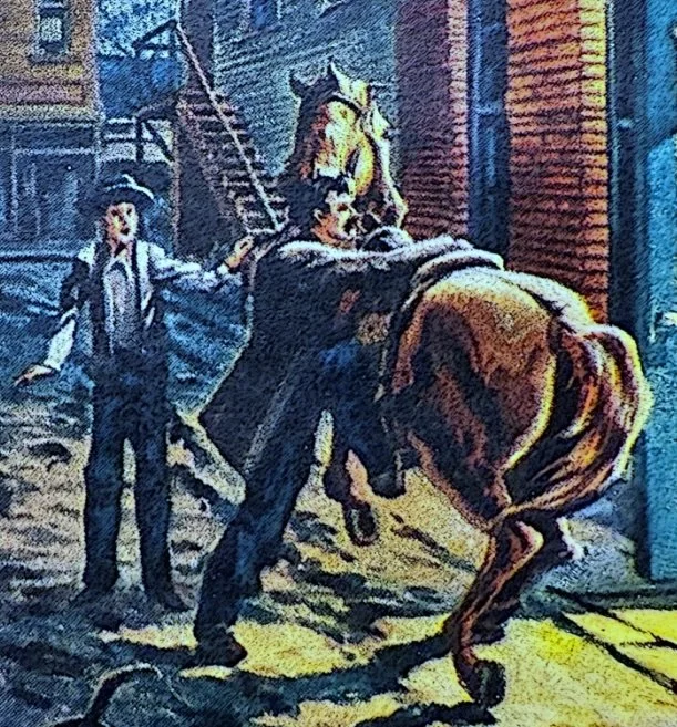 Harper Goff painting of John Wilkes Booth climbing on his getaway horse as a startled Joseph "John Peanuts" Burroughs looks on