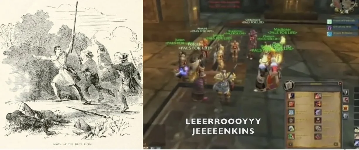 Banner with two pictures: Daniel Boone leading soldiers at Battle of Blue Licks and screen capture of Leeroy Jenkins! WOW video