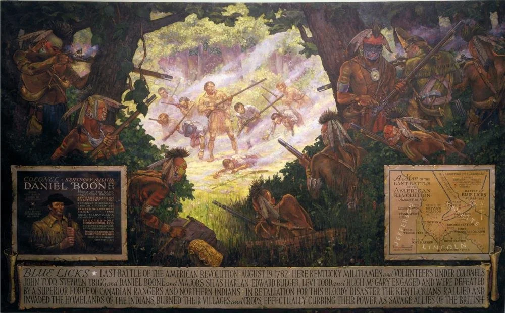 Painting of Native American warriors waiting to ambush Kentucky militia members.