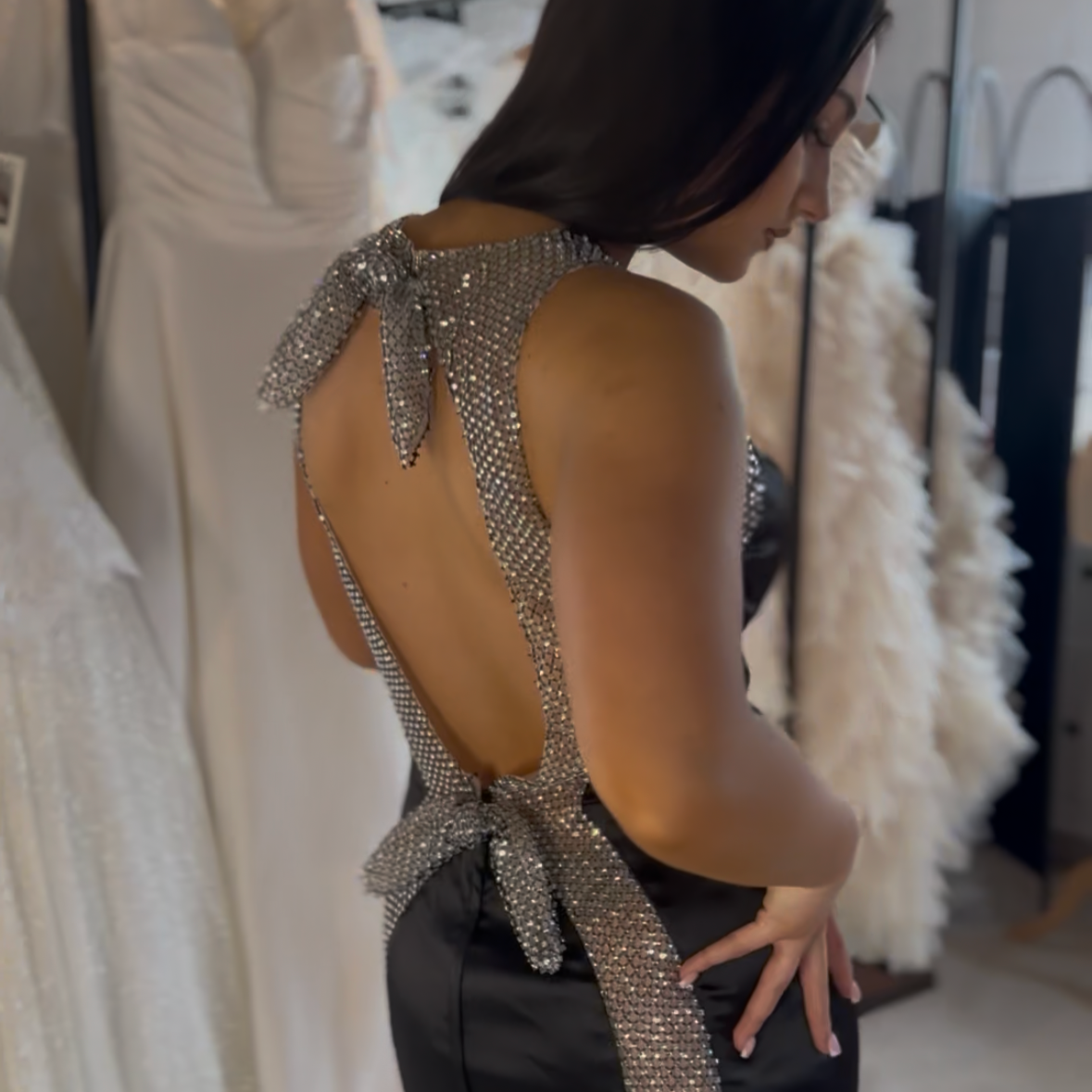 Backless evening dress in silver and black