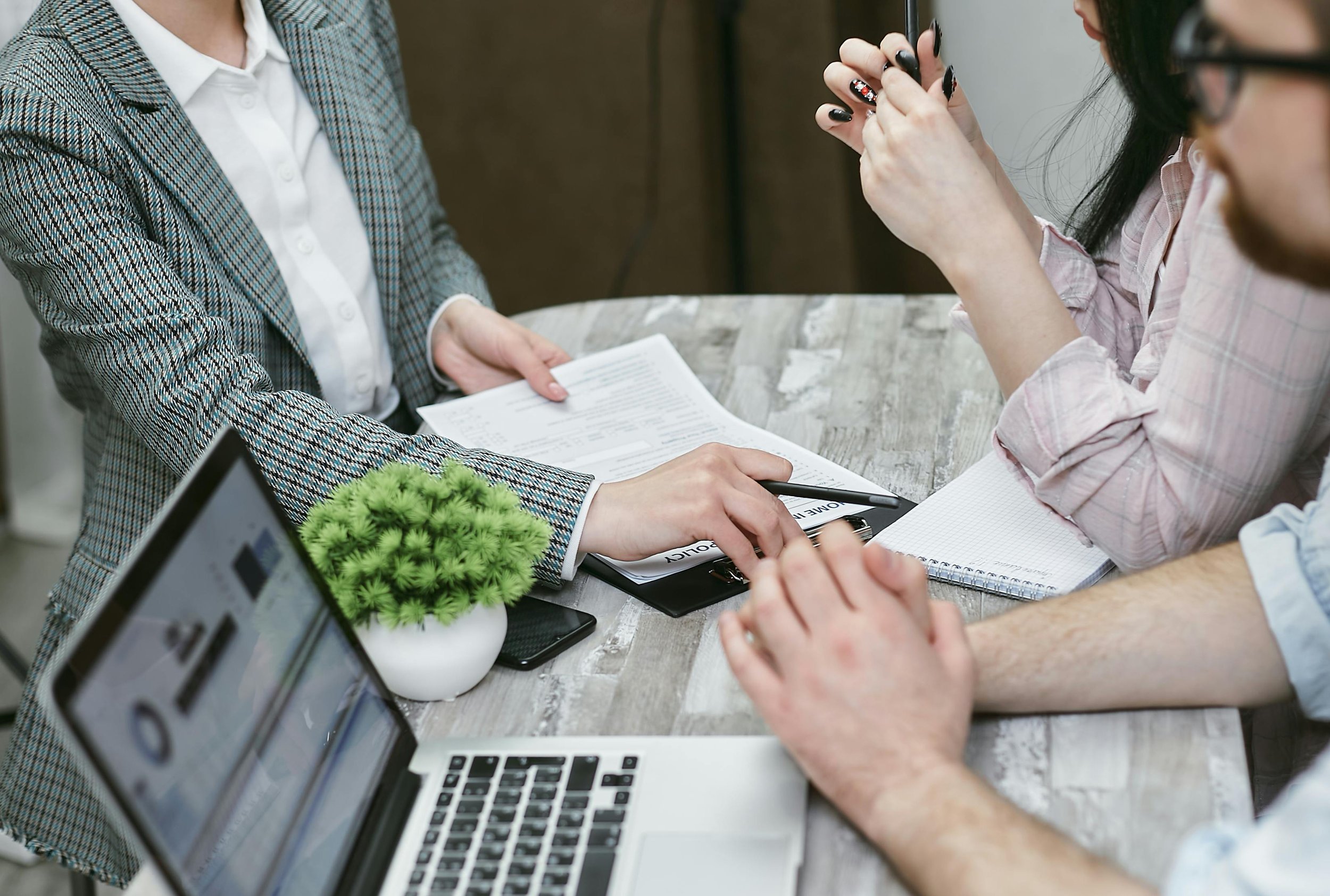 People in a business meeting reviewing documents, with a laptop, notebook, and a small green plant on the table.