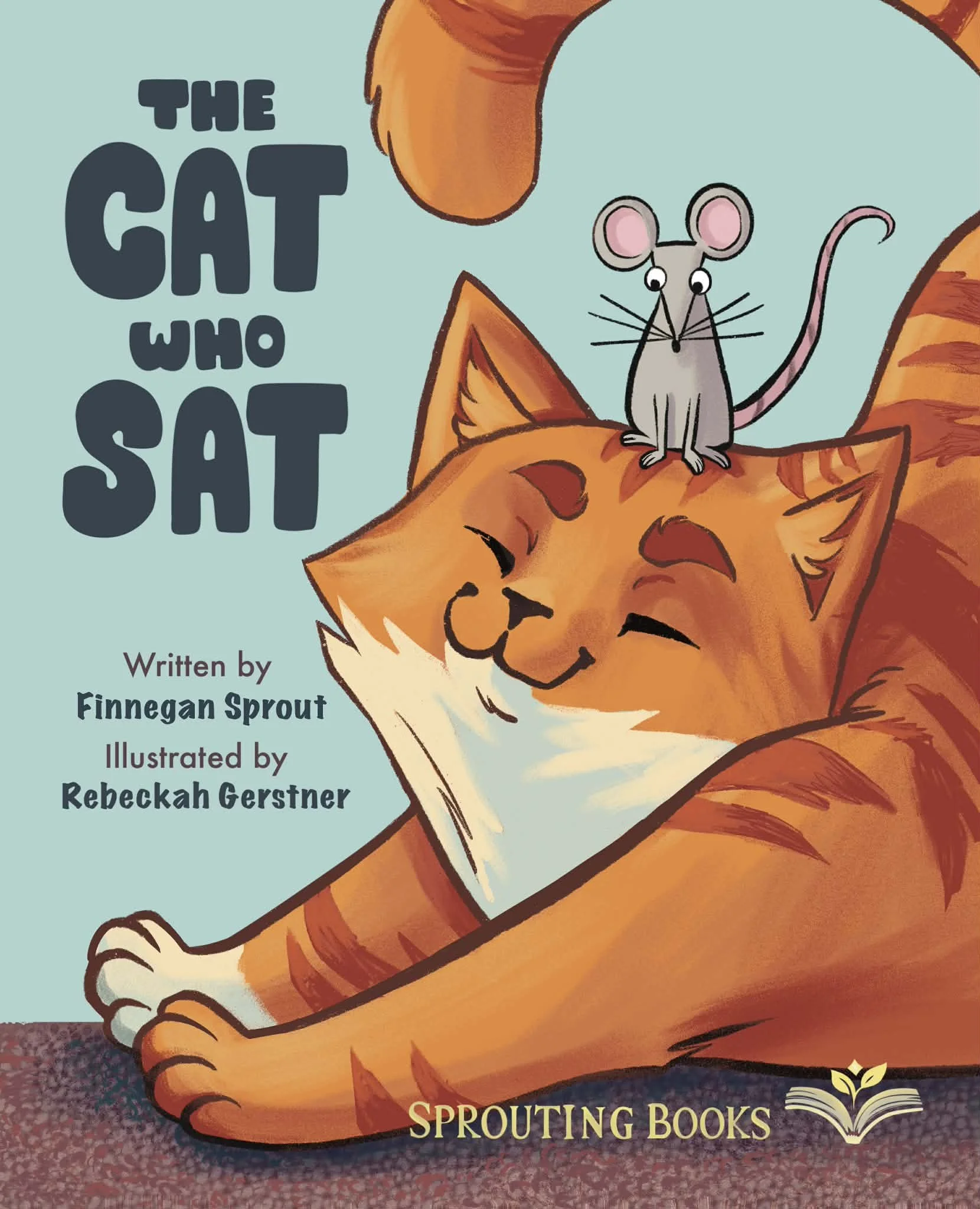 Cat girl book for kids that rhymes. A mouse sits on a cats head illustration.
