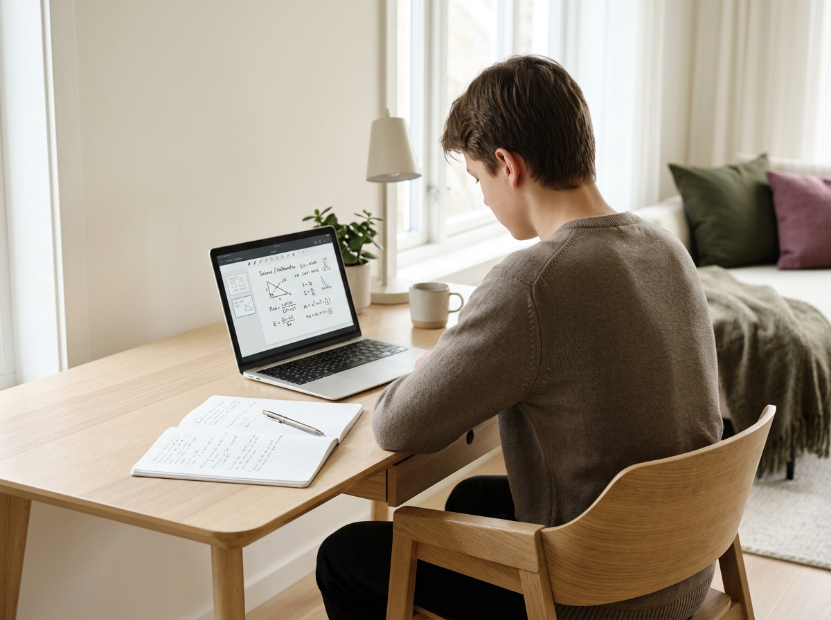 Student participating in an online tuition lesson at home