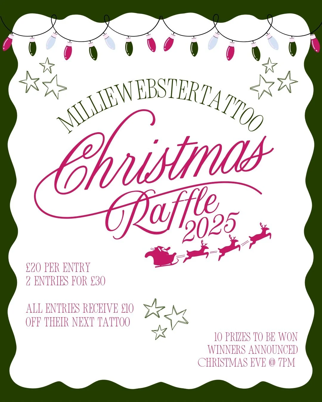 🥰Christmas Raffle 2025🥰

✨10 prizes to be won✨
🎄&pound;20 per entry or 2 entries for &pound;30🎄

Winner announced on Christmas Eve😇

Dm to enter💞

#MillieWebsterTattoo #christmas #tattooartist #tattoo #raffle #christmasraffle