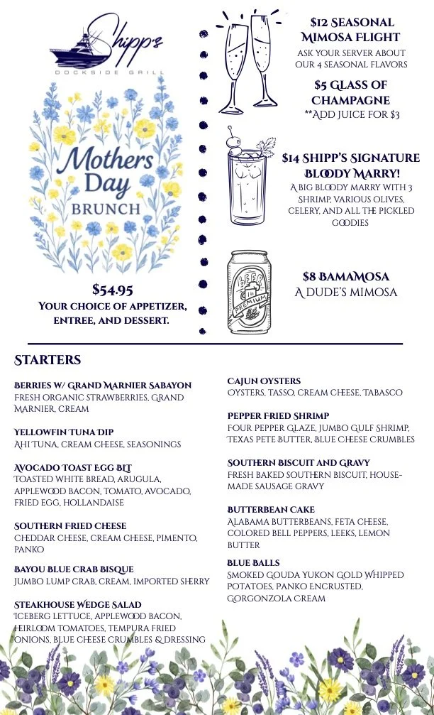 Mother’s Day brunch menu at Shipp’s Dockside Grill in Orange Beach featuring Gulf seafood, prix fixe brunch, and waterfront dining at Orange Beach Marina