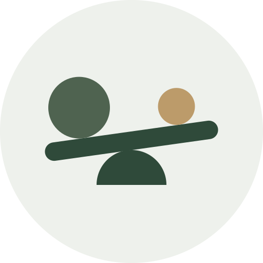 Abstract icon of two circles balancing on a seesaw, representing balance or equality.
