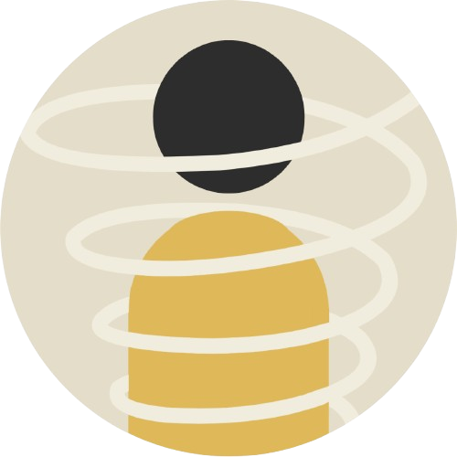 A circular icon showing a simple abstract impression of a head and a body, the head is represented by a charcoal coloured circle and the body is represented by a mustard yellow oval.  The body is encased by a pale cream spiral.