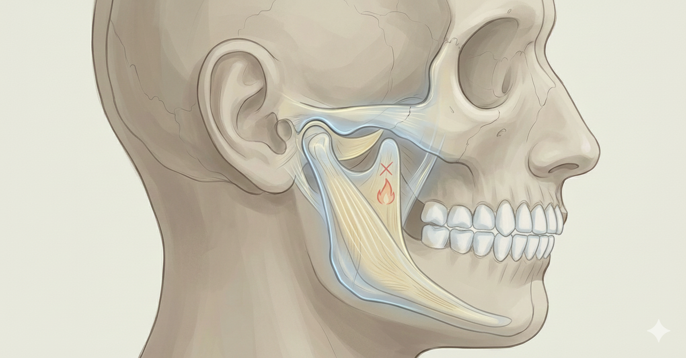 An illustration showing the side view of a head - the musculoskeletal structures of the jaw are displayed with an 'x' and a 'fire' symbol over the TMJoint itself indicating pain or dysfunction.