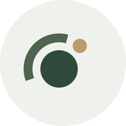 Minimalist logo with dark green circle, a light green curved line, and a small beige circle on a light background.