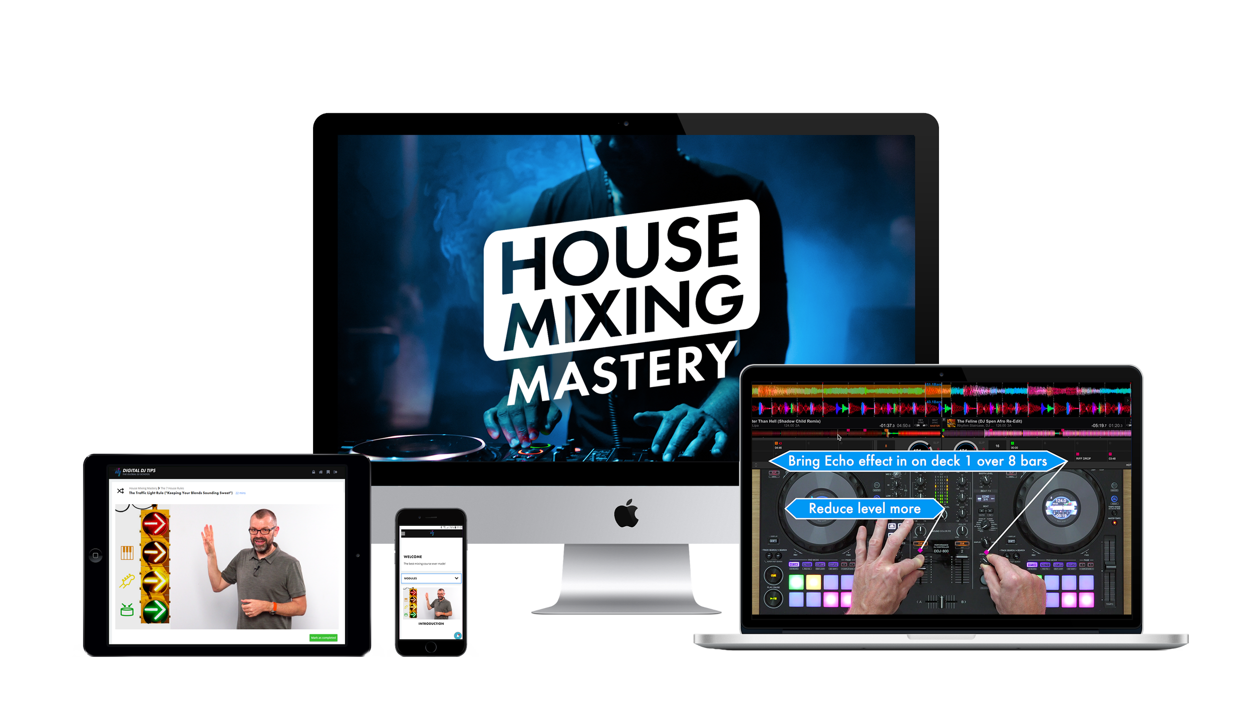 The course artwork and learning portal are showcased on various devices to demonstrate the seamless viewing experience across different platforms. The mock-ups highlight the course’s accessibility, ensuring that students can engage with the content e