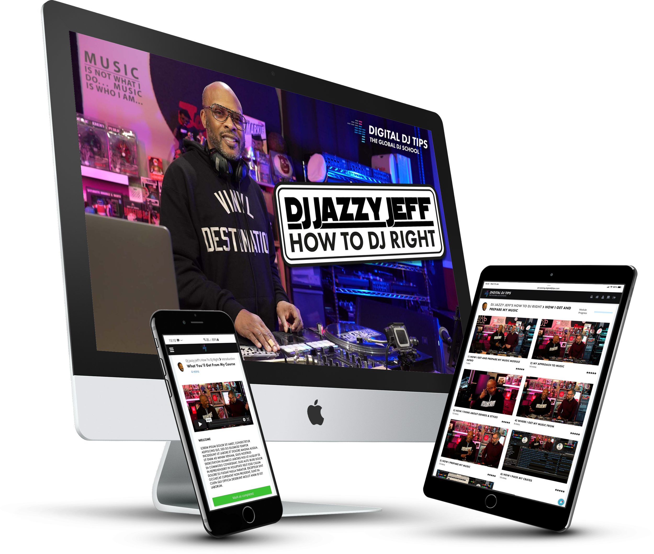 This mock-up highlights the course artwork alongside screenshots showing how the course appears across different viewing formats. Used in the sales video, this image—along with a series of others—helped visually represent the course experience on the