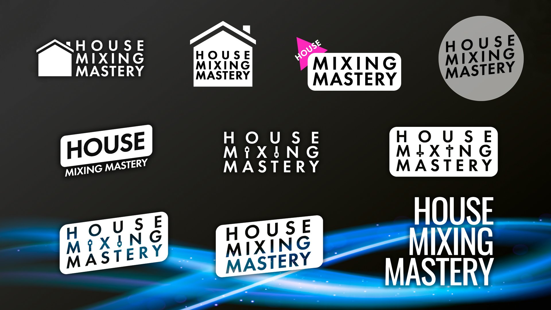A collection of concept logo designs exploring different visual directions for a house mixing DJ course. Each concept experiments with style, typography, and layout.
