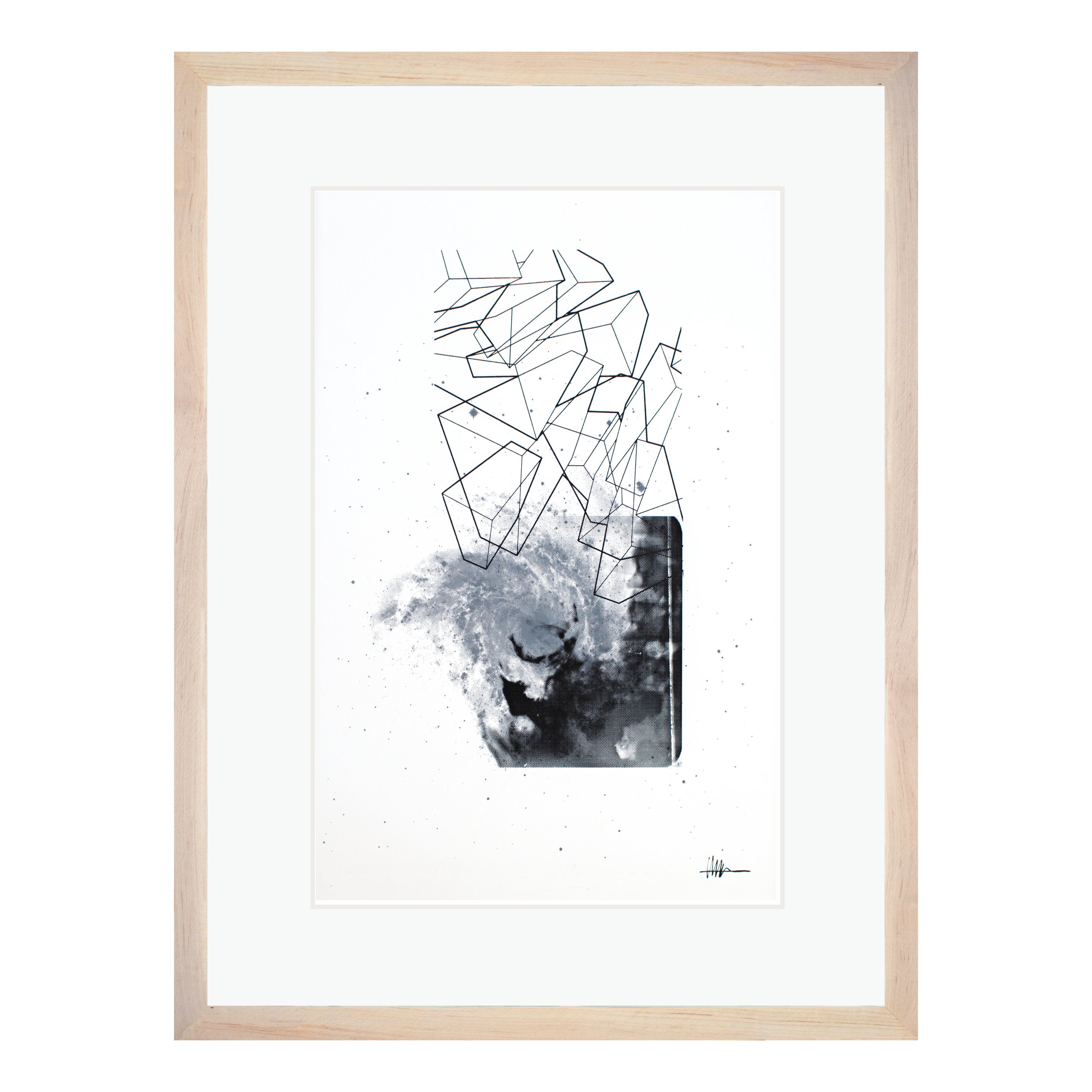 Framed cosmic art maple frame halftoned X-ray cecum M83 cubes crystallized gallery swirling celestial anatomical dynamic