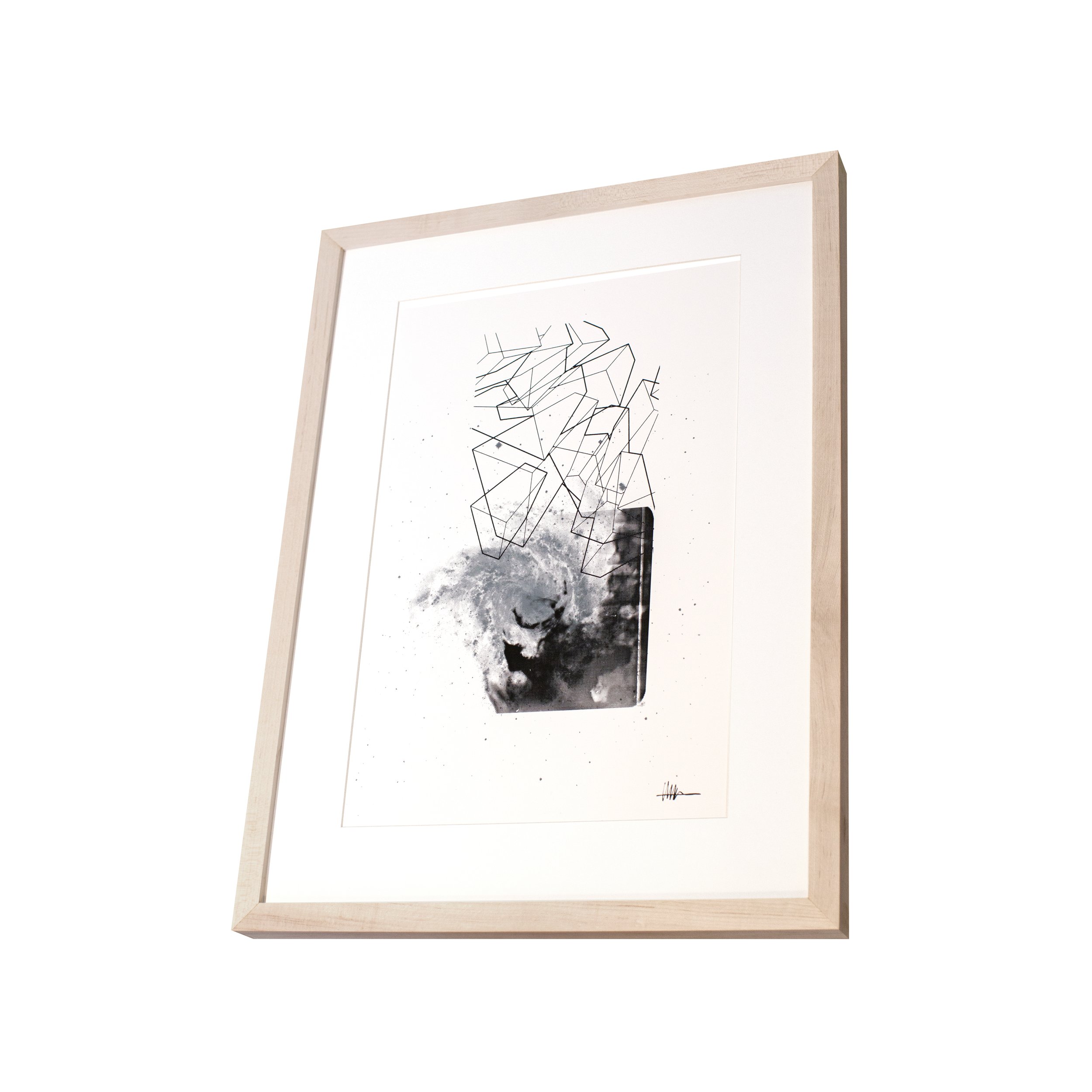 Perspective framed cosmic art maple frame halftoned X-ray M83 cubes crystallized gallery helical celestial anatomical vibrant