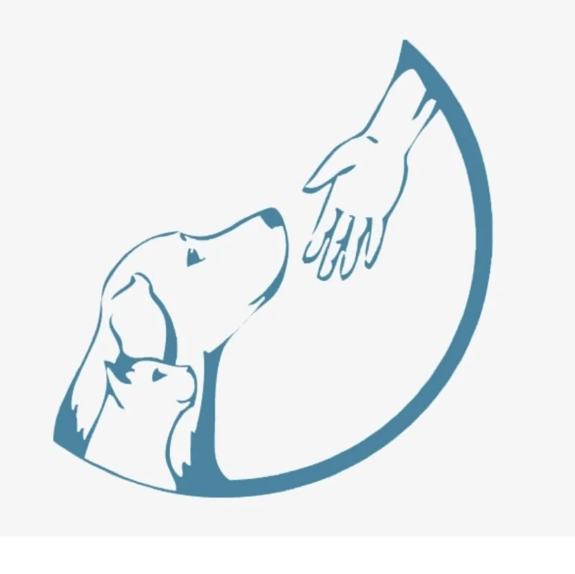 A logo featuring a dog looking up at a human hand reaching out from a circular shape.